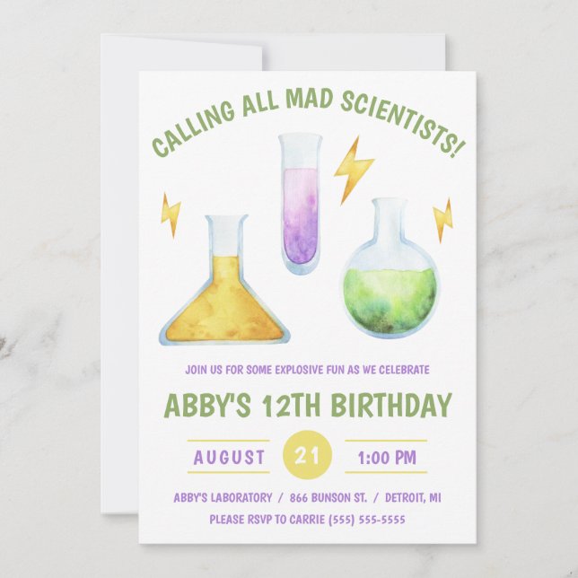 Rufen Sie alle Mad Scientists! Science Birthday Pa Einladung (Vorderseite)