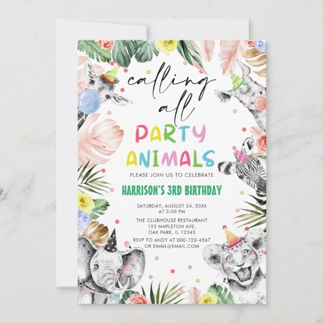 Rufen Sie alle Party Tiere Jungle Safari Geburtsta Einladung (Vorderseite)