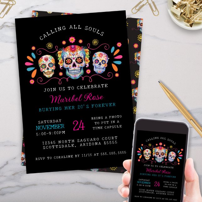 Rufen Sie alle Soule mexikanische Candy Skull Gebu Einladung (Colorful Skull Candy Birthday Party invitation for any age or Dia de los Muertos Day of the Dead)