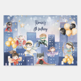 Rufen Sie alle Superhelden Kindergeburtstag Geschenkpapier Set