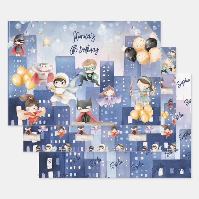 Rufen Sie alle Superhelden Kindergeburtstag Geschenkpapier Set (Set)