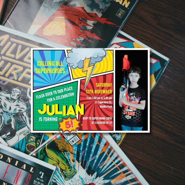 Rufen Sie alle Superheroes Comic Buch 5. Geburtsta Einladung (Von Creator hochgeladen)