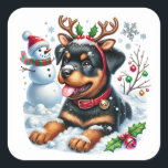 Ruff die Rotnasen-Rose! Quadratischer Aufkleber<br><div class="desc">Der niedliche Schlittenführer ist hier! Ein glücklicher Rottweiler mit Rentierfesseln,  der Giggles in die Ferienträume jedes Kindes bringt!</div>