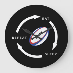 Rugby Eat Sleep Wiederholung Sportfan-Sprichwort Große Wanduhr