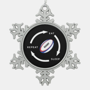 Rugby Eat Sleep Wiederholung Sportfan-Sprichwort Schneeflocken Zinn-Ornament