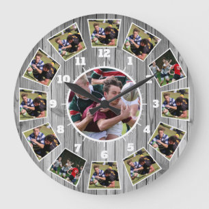 Rugby-Holzeffekt personalisieren FotoCollage Große Wanduhr