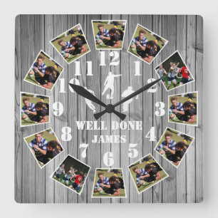 Rugby-Holzeffekt personalisieren FotoCollage Larg Quadratische Wanduhr