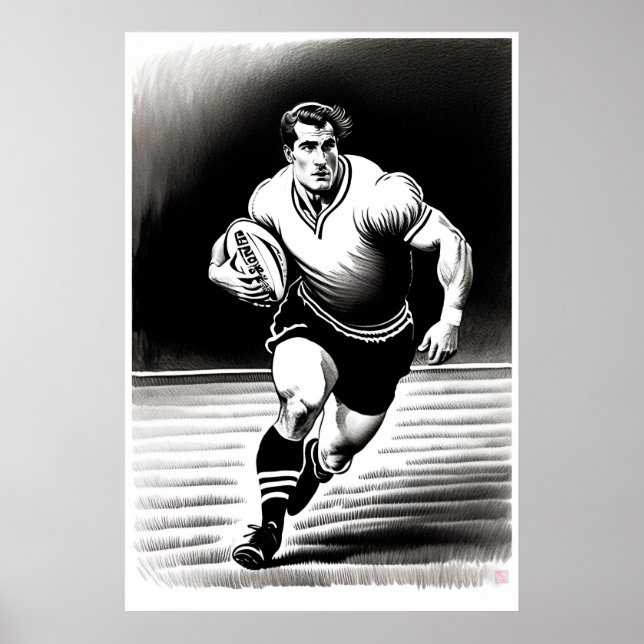 Rugby Player Zeichnend - Art Print Poster (Vorne)