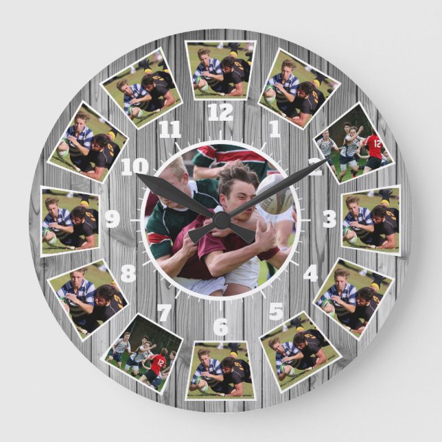 Rugby Wooden Effect Personalise Foto Collage Große Wanduhr (Vorderseite)