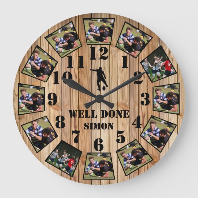 Rugby Wooden Effect Personalise Große Wanduhr (Vorderseite)