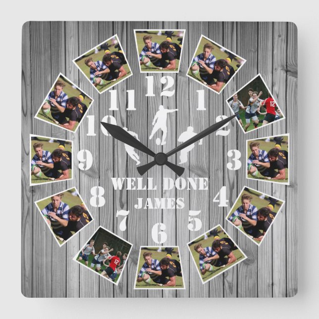 Rugby Wooden Effect Personalise Quadratische Wanduhr (Vorderseite)