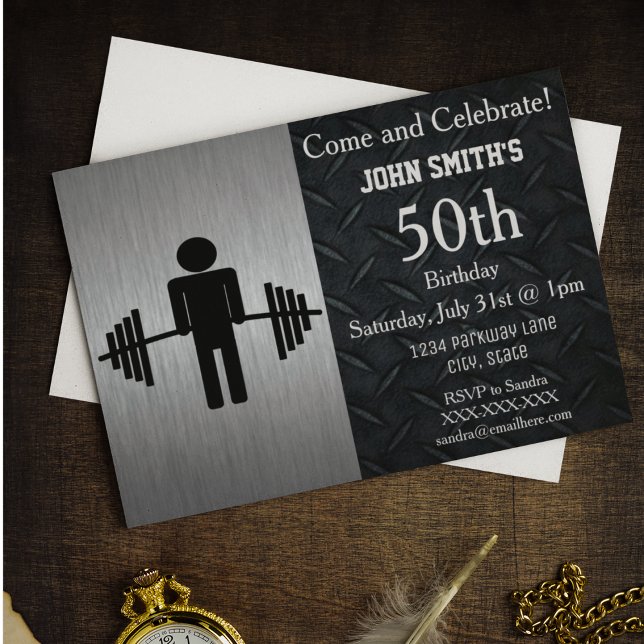 Rugged Adult Weightlift Birthday Einladungen (Weightlifting Fitness Themed birthday invitations.)