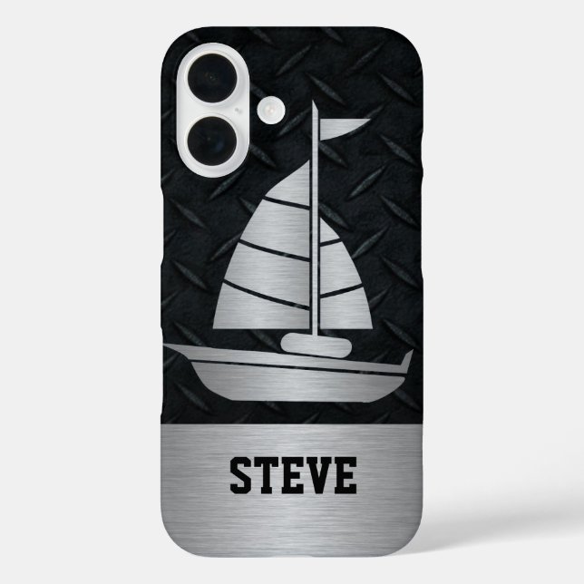 Rugged Black Diamond Plate Silver Sailboat Name Case-Mate iPhone Hülle (Rückseite)