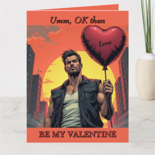 Rugged Man with Red Heart Balloon Valentine's Karte