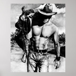Rugged Perfect Abs Cowboy mit seinem Sattel Poster