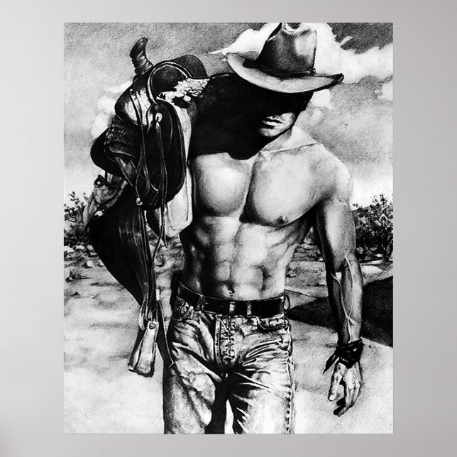 Rugged Perfect Abs Cowboy mit seinem Sattel Poster (Vorne)