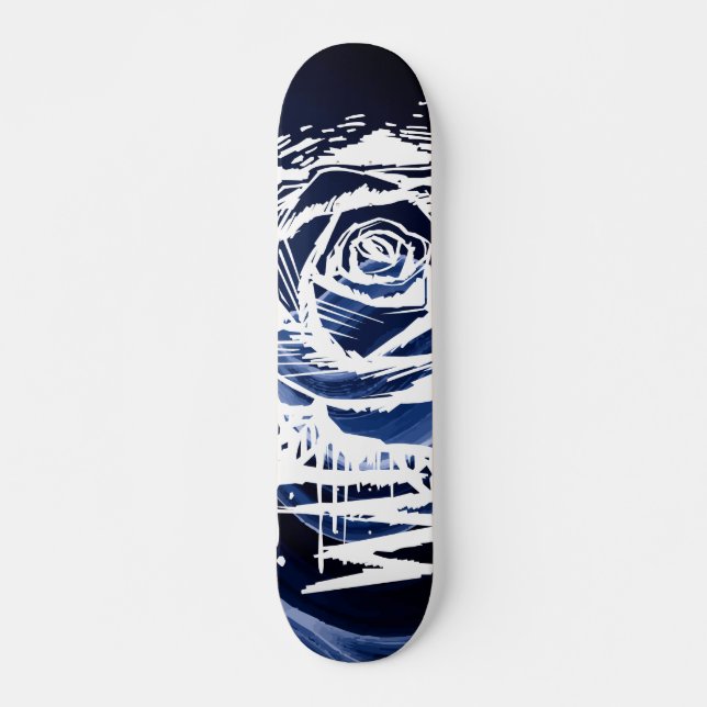 Rugged Rose Graffiti-Kunst – Weiße Drip-Rose auf B Skateboard (Vorne)