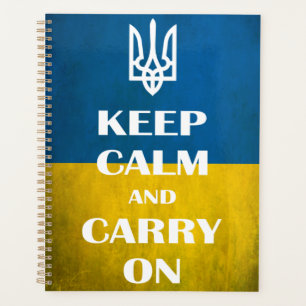 Ruhe behalten und das ukrainische Emblem-Trident w Planer