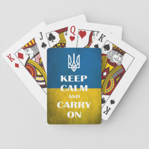 Ruhe behalten und das ukrainische Emblem-Trident w Spielkarten