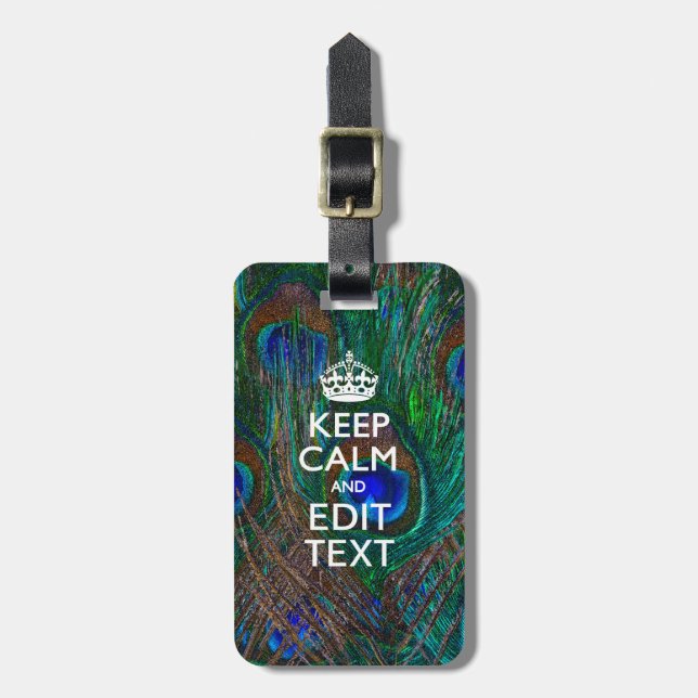 Ruhe behalten und Text auf Pfauenfedern haben Gepäckanhänger (Vorderseite vertikal)
