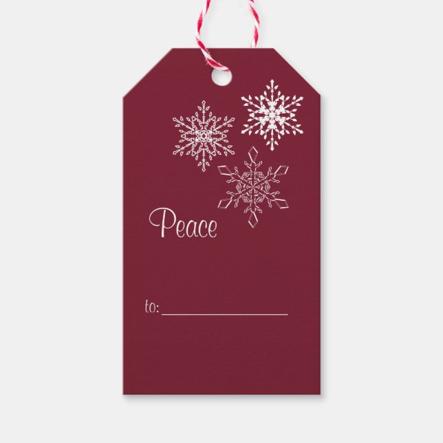 Ruhe, Freude und 3 Schneeflocken Rot und Weiß Mini Geschenkanhänger (Vorderseite)