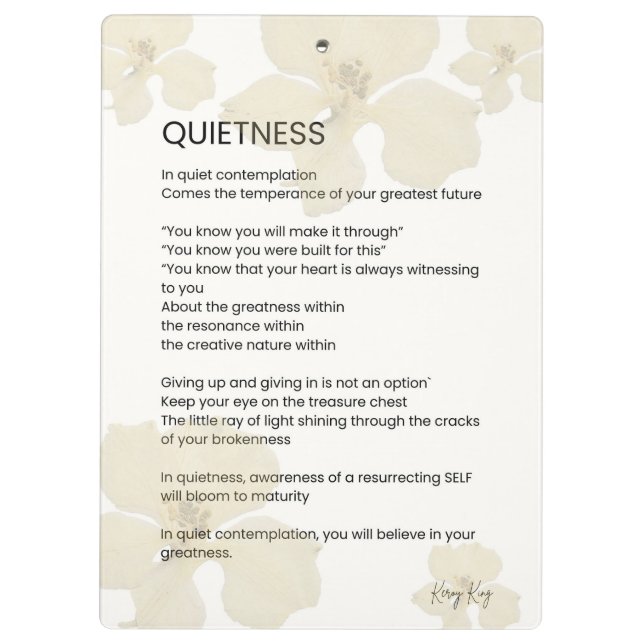 Ruhe Inspiration geschriebenes Word Gedicht Klemmbrett (Rückseite)