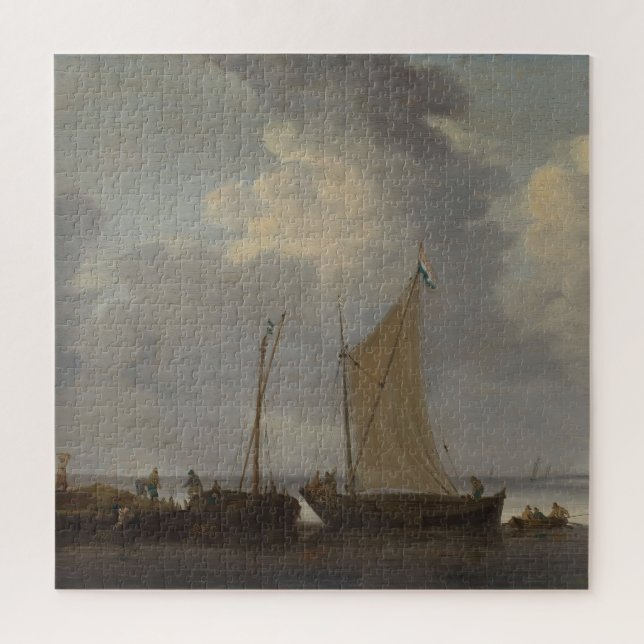 Ruhe mit den Fischern, die ihren Fang entladen Puzzle (Vertikal)