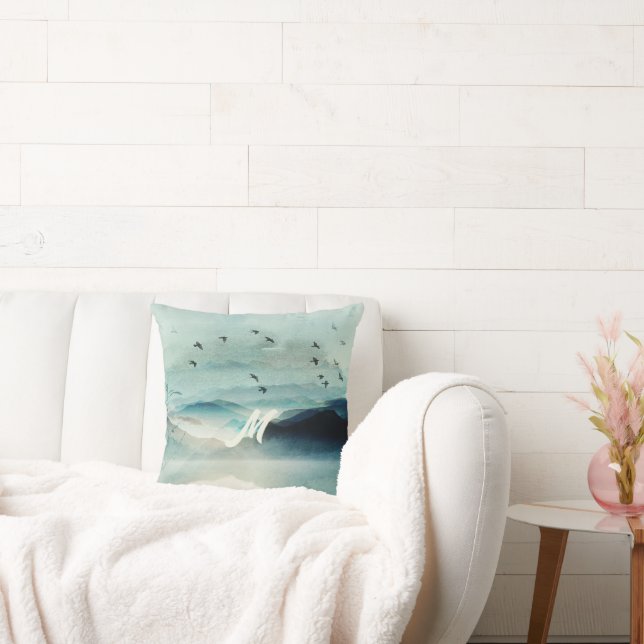 Ruhe Natur Wasserfarbene Bergwelt Mit Monogramm Kissen (Liege)