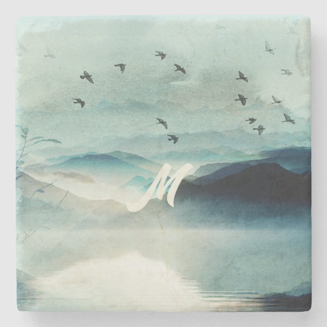 Ruhe Natur Wasserfarbene Bergwelt Mit Monogramm Steinuntersetzer (Vorderseite)