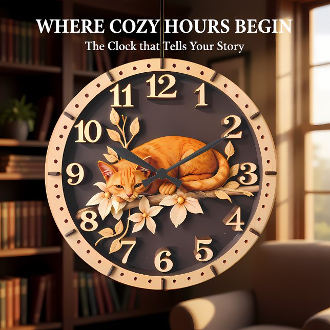 Ruhende getigerte Katze mit Blumen Große Wanduhr (Von Creator hochgeladen)