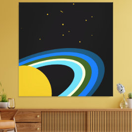 Ruhende Saturn farbenfrohe Ringe Sterne. Schwarzer Leinwanddruck