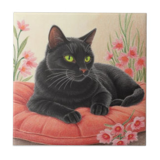 Ruhende schwarze Katze Fliese
