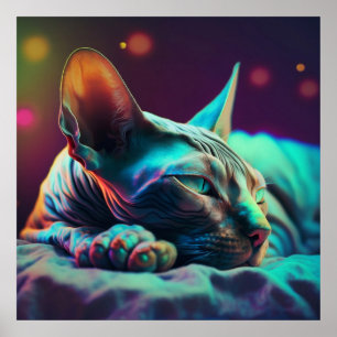 Ruhende Sphynx-Katze in Türkis- und Magentlicht Poster