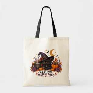 Ruhendes Hexengesicht Schwarze Katze Halloween Tragetasche