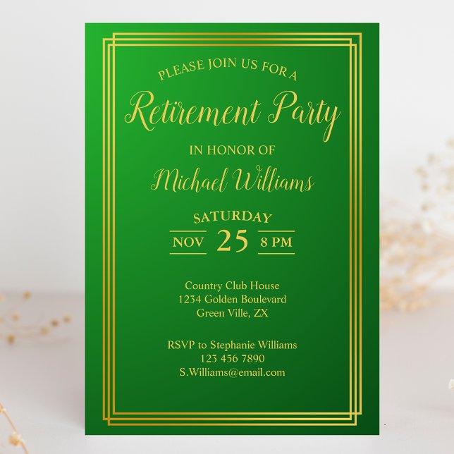 Ruhestand Corporate Elegante Green Gold Einladung (Von Creator hochgeladen)