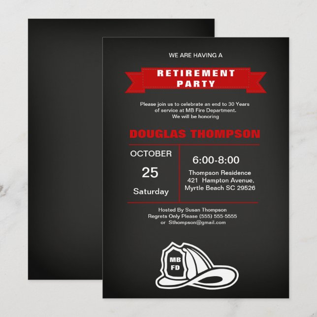 Ruhestand des Feuerwehrmanns in Rot und Schwarz Einladung (Vorne/Hinten)