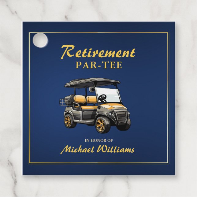 Ruhestand Elegante Golf Theme Gray Cart Blue Gold Geschenkanhänger (Vorderseite)