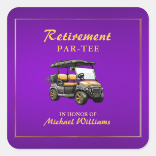 Ruhestand Elegante Golf Themenwagen Lila Gold Quadratischer Aufkleber