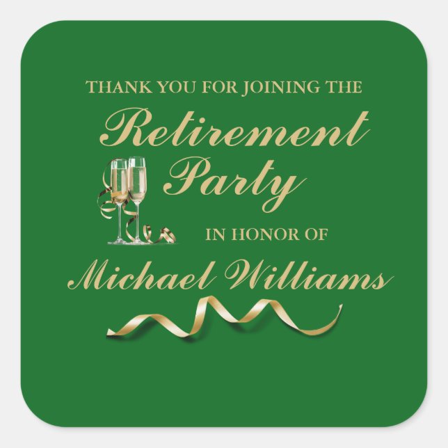 Ruhestand Formal Classic Champagner Glass Green Quadratischer Aufkleber (Vorderseite)