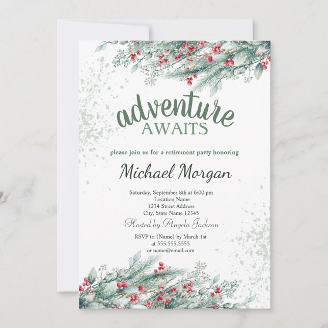 Ruhestand für Pine Tree Branch Berries Einladung (Vorderseite)