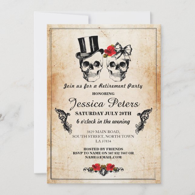 Ruhestand Geburtstagskulls Einladung Halloween-Ros (Vorderseite)