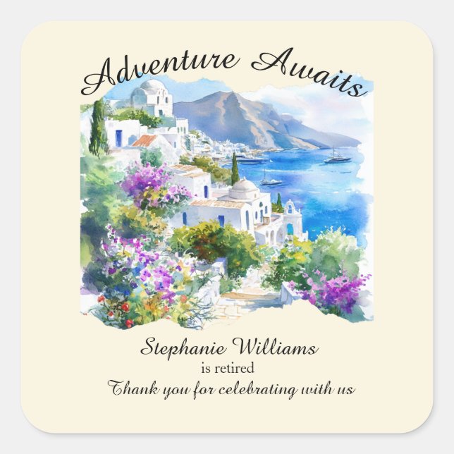 Ruhestand Party Colorful Griechenland Village Ocea Quadratischer Aufkleber (Vorderseite)