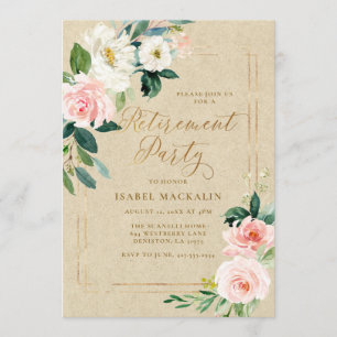 Ruhestand Party Elegant Rosa Floral Kraft Rustikal Einladung