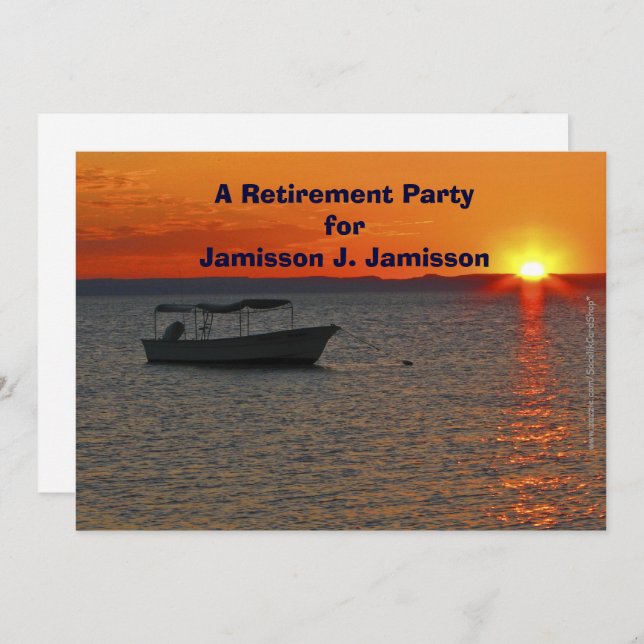 Ruhestand Party Fischerboot bei Orange Sunset Einladung (Vorne/Hinten)