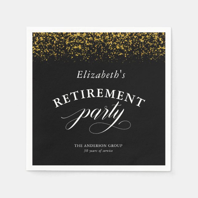 Ruhestand Party Gold Glitzer Elegantes Skript Serviette (Vorderseite)