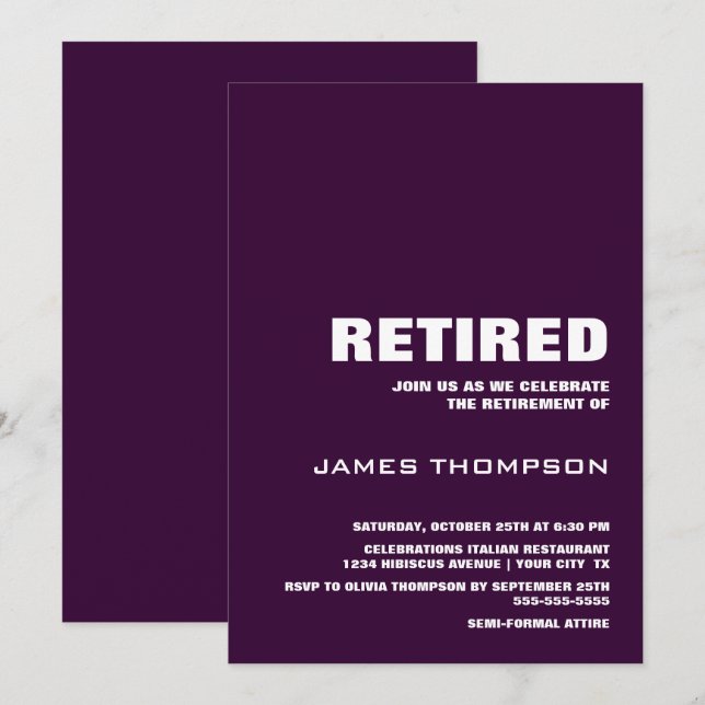 Ruhestand Party Modernes, einfaches Mulberry und W Einladung (Vorne/Hinten)