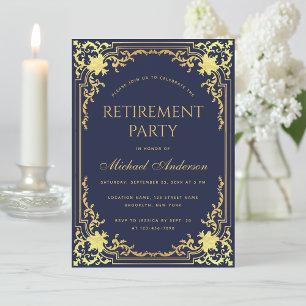 Ruhestand Party Navy Blue Elegante Imitats Goldene Einladung