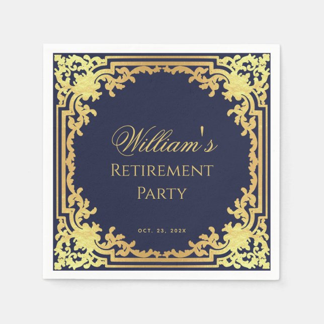 Ruhestand Party Navy Blue und Gold Elegantes Skrip Serviette (Vorderseite)