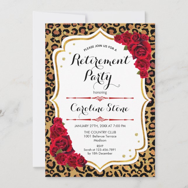 Ruhestand Party - Red Gold Leopard Print Einladung (Vorderseite)