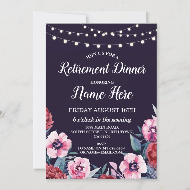 Ruhestand Party-Reifen Blume Einladung Marine Rosa (Vorderseite)